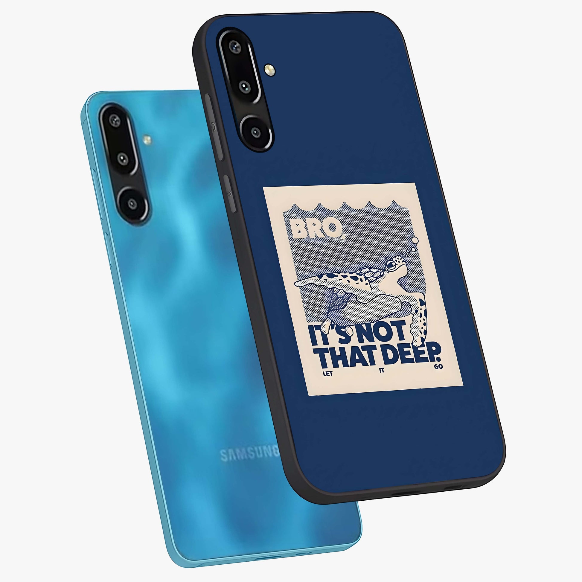Worry Less Swim Glass Case displayed in angled mockup highlighting fun typography design with relaxed aesthetic style.