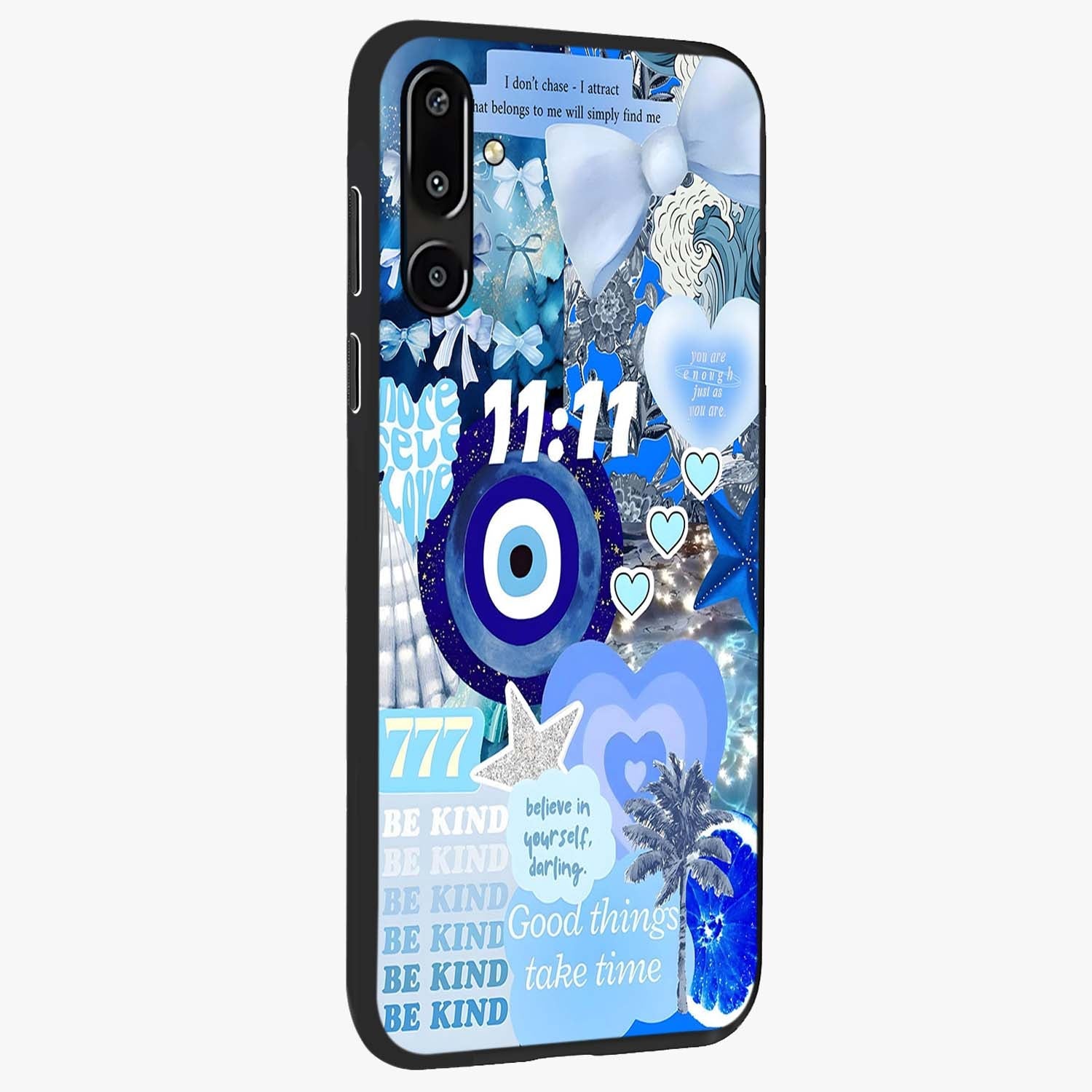 Aesthetic Be Kind Eye Glass Case upright view showcasing stylish eye illustration with positive message theme.