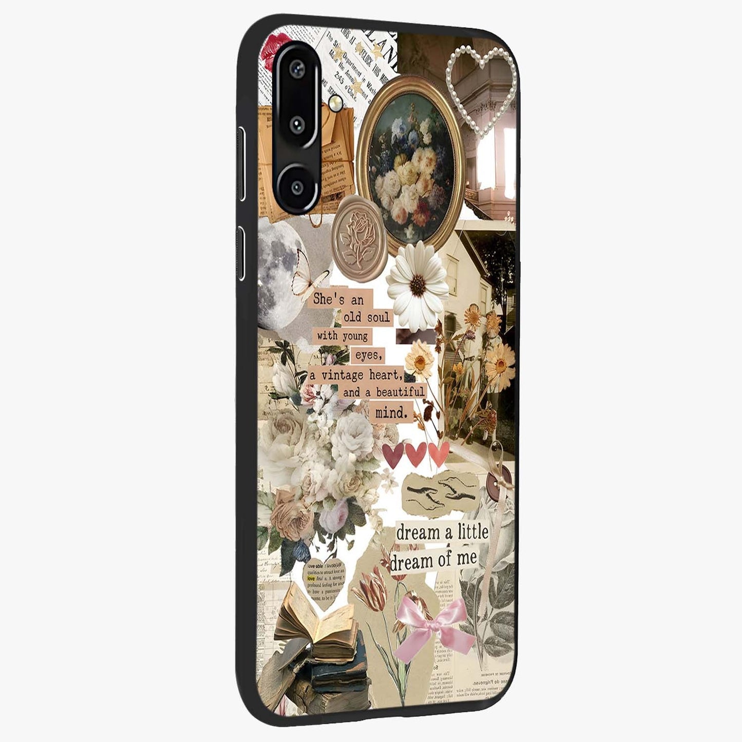 Aesthetic Brown Vintage Collage Glass Case upright view showcasing nostalgic retro artwork with stylish vintage theme.
