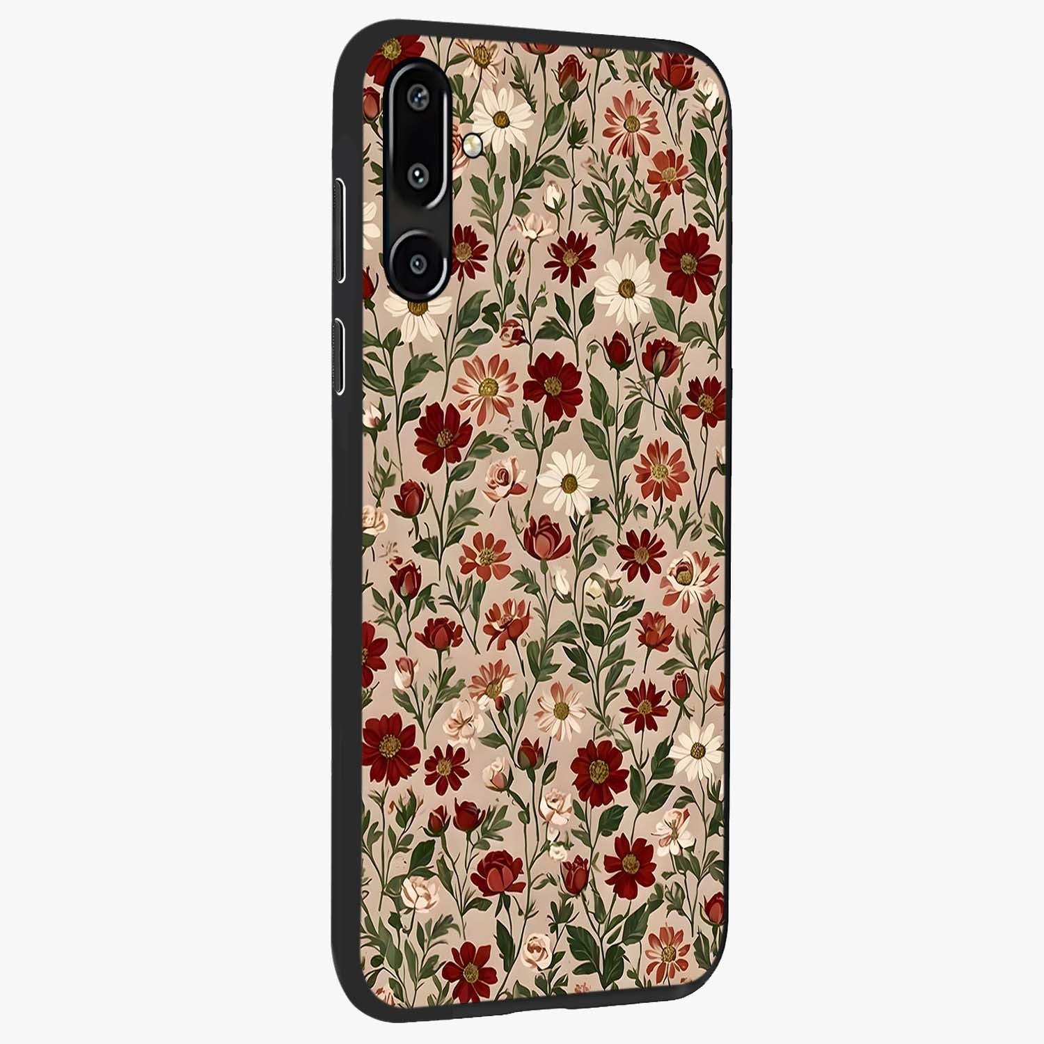 Biege Flower With Leaf Glass Case upright view showcasing delicate beige flower illustration with clean botanical style.