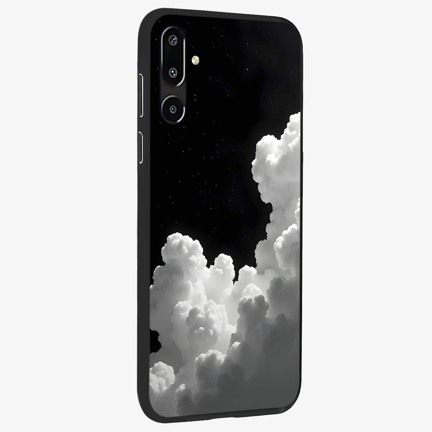 Black Background With White Cloud Glass Case upright view showcasing calm cloud aesthetic with modern minimal style.
