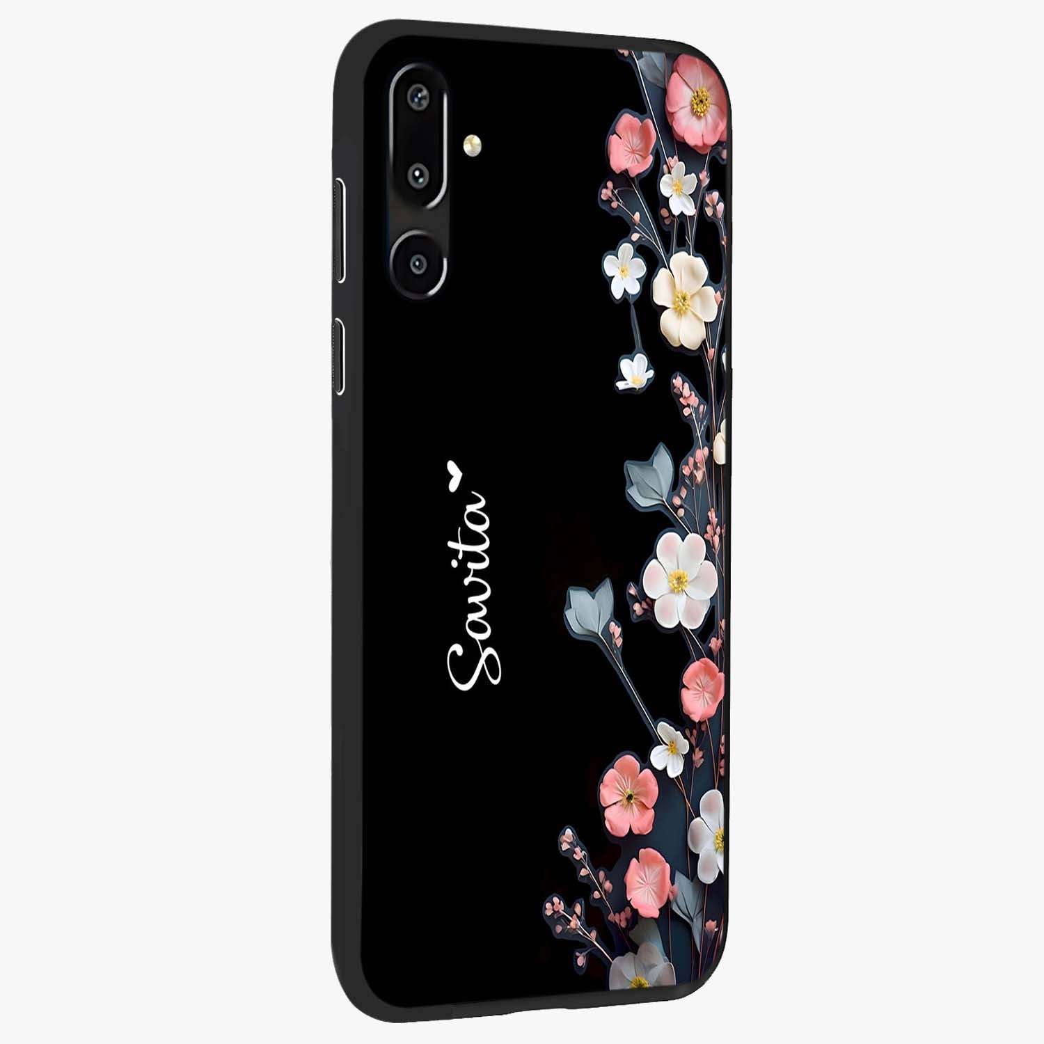 Black Elegance Floral Custom Name Glass Case upright view showcasing luxurious black floral design with personalized name detail.