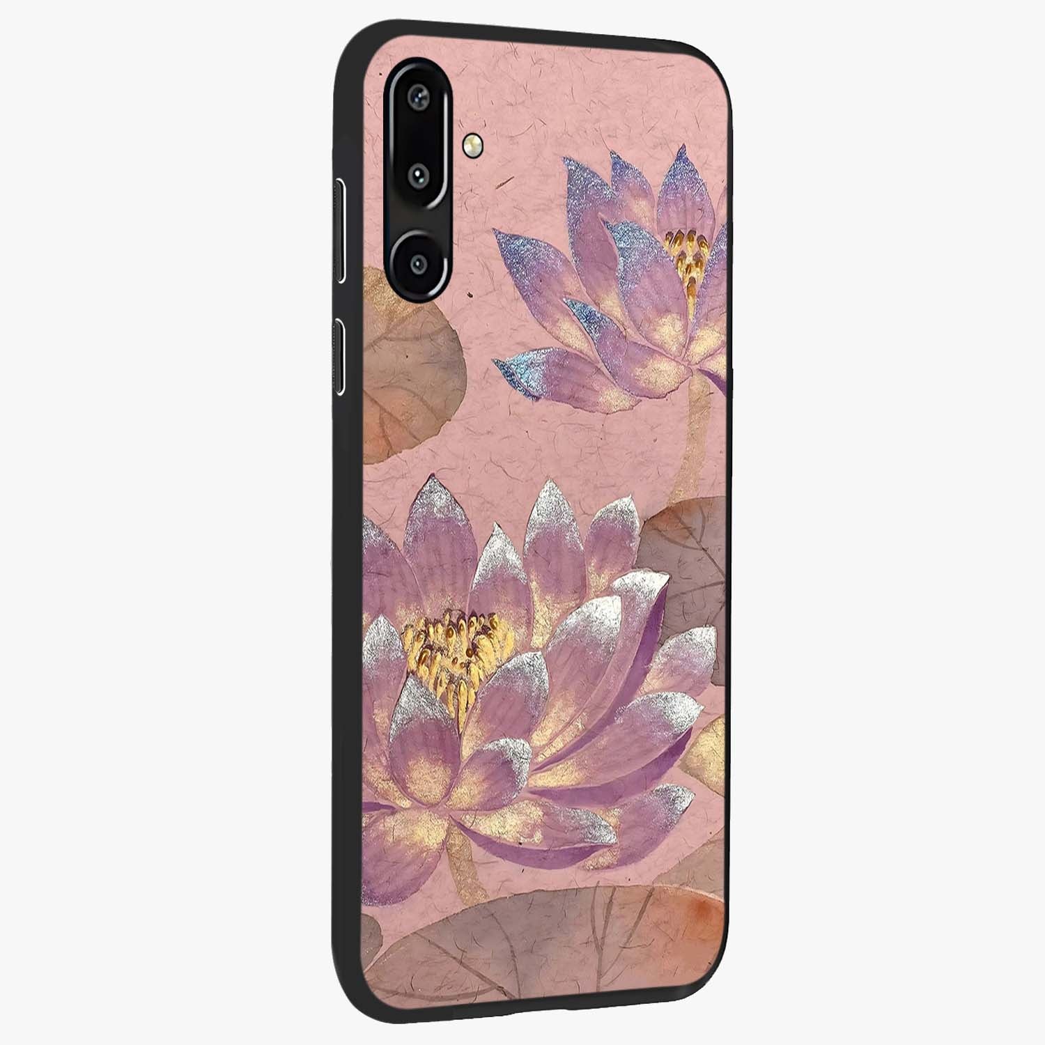 Blossom Mist Lotus Glass Case upright view showcasing graceful lotus flower design with peaceful botanical style.