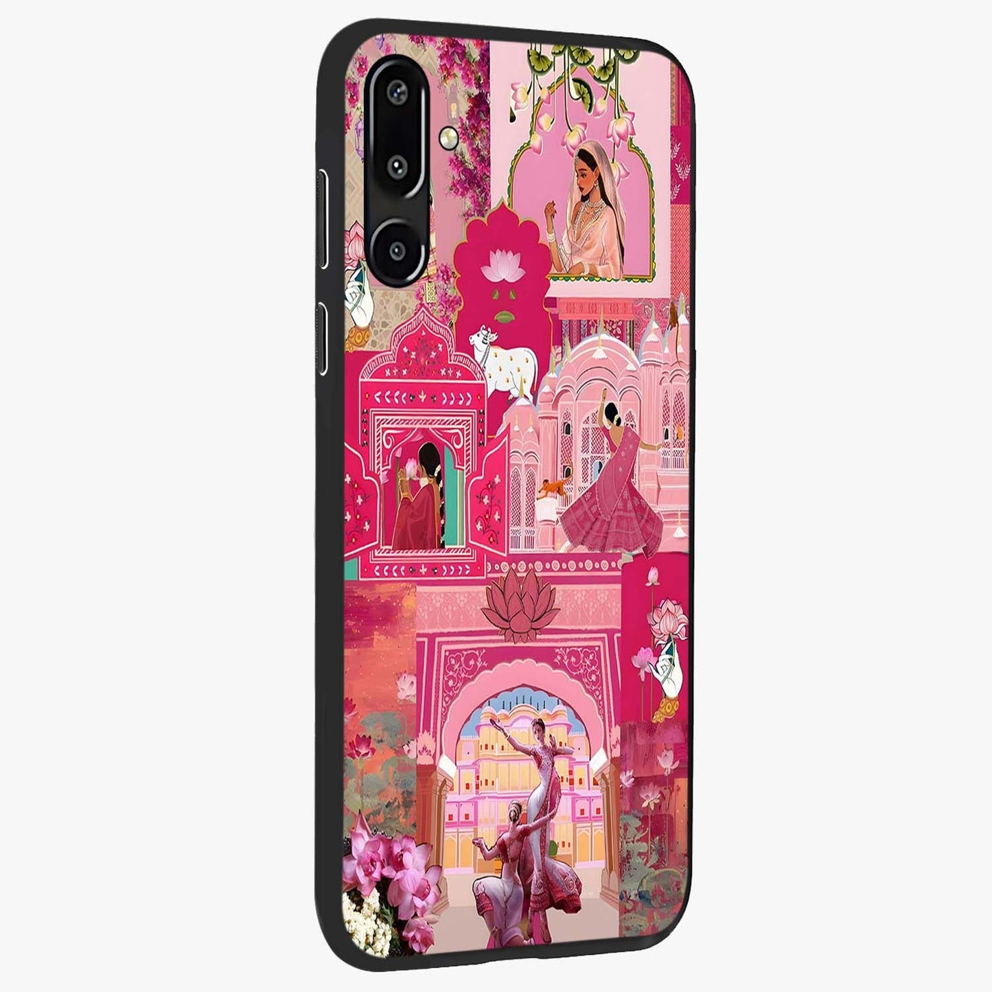 Blossoms of Rajasthan Glass Case upright view showcasing colorful floral design inspired by traditional Indian art.