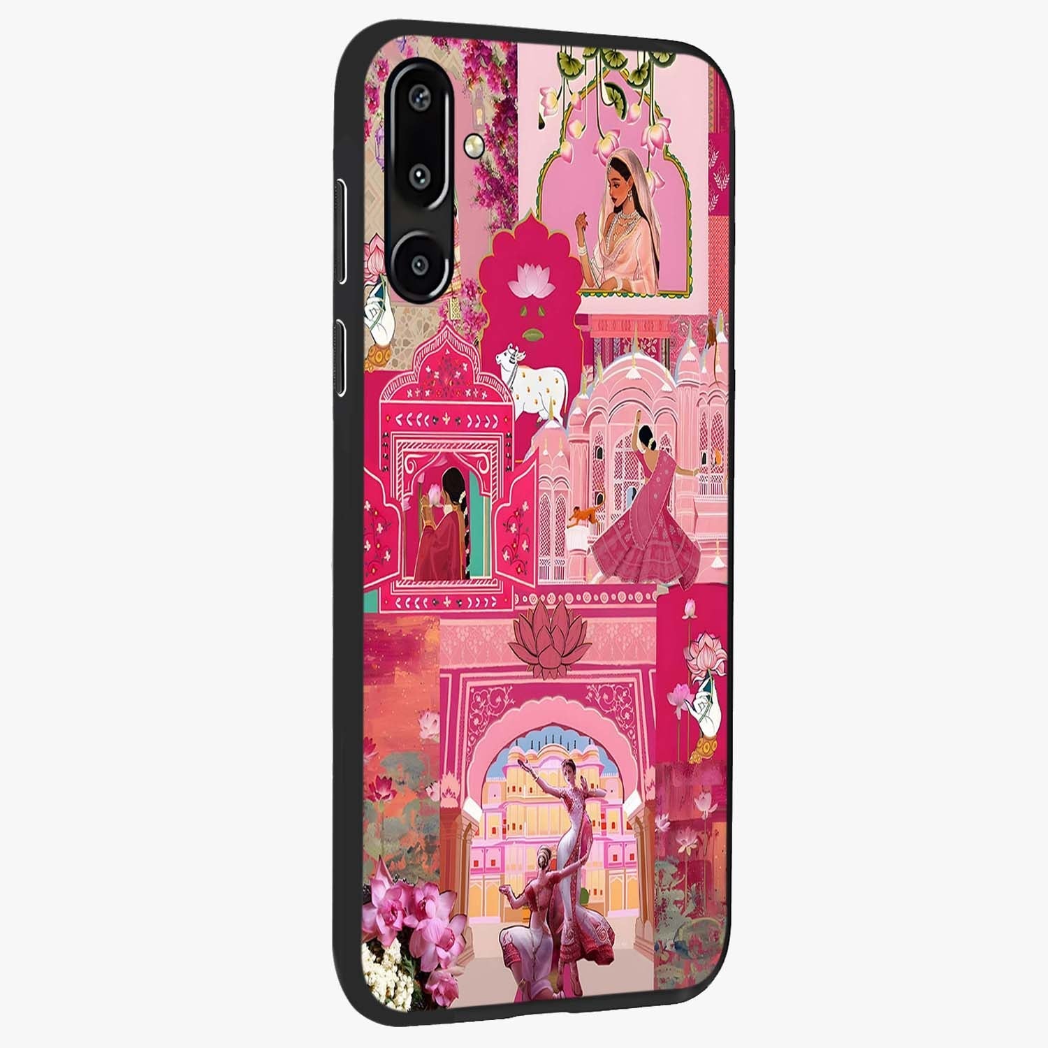 Blossoms of Rajasthan Glass Case upright view showcasing colorful floral design inspired by traditional Indian art.