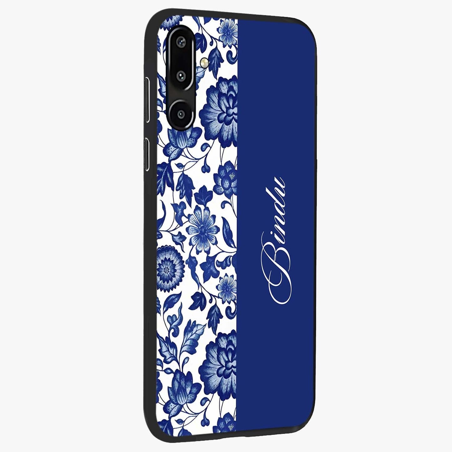 Blue Vintage Floral Pattern Glass Case upright view showcasing delicate blush floral texture with modern minimal style.