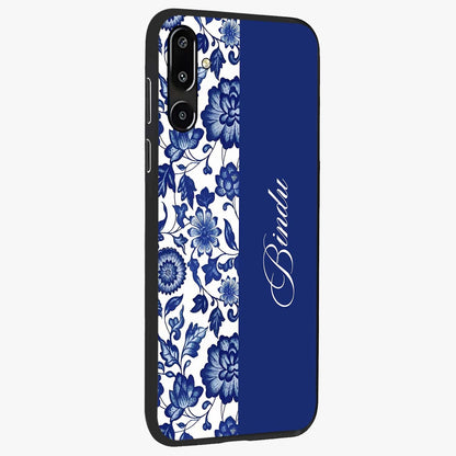 Blue Vintage Floral Pattern Glass Case upright view showcasing delicate blush floral texture with modern minimal style.