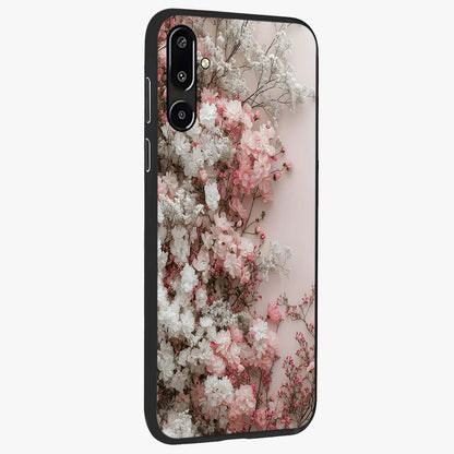 Blush Blossom Cloud Glass Case upright view showcasing calm floral cloud artwork with gentle dreamy theme.