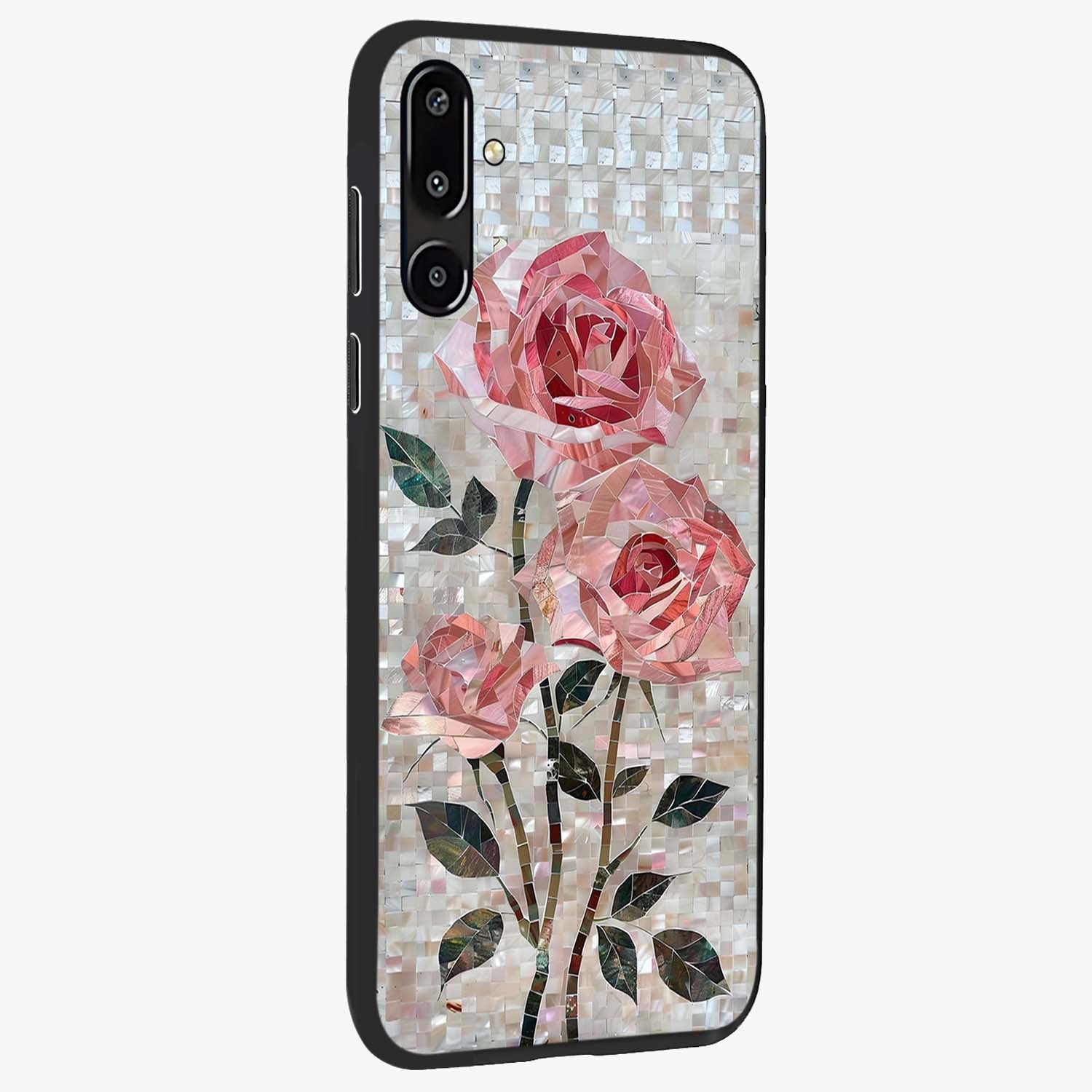 Blush Mosaic Bloom Glass Case upright view showcasing decorative floral mosaic artwork with stylish modern aesthetic.