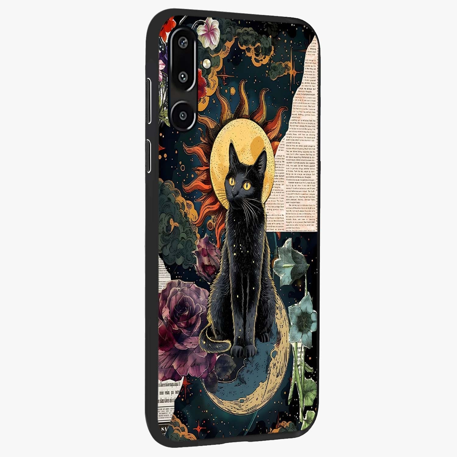 Celestial Black Cat Glass Case upright view showcasing magical black cat illustration with starry cosmic theme.