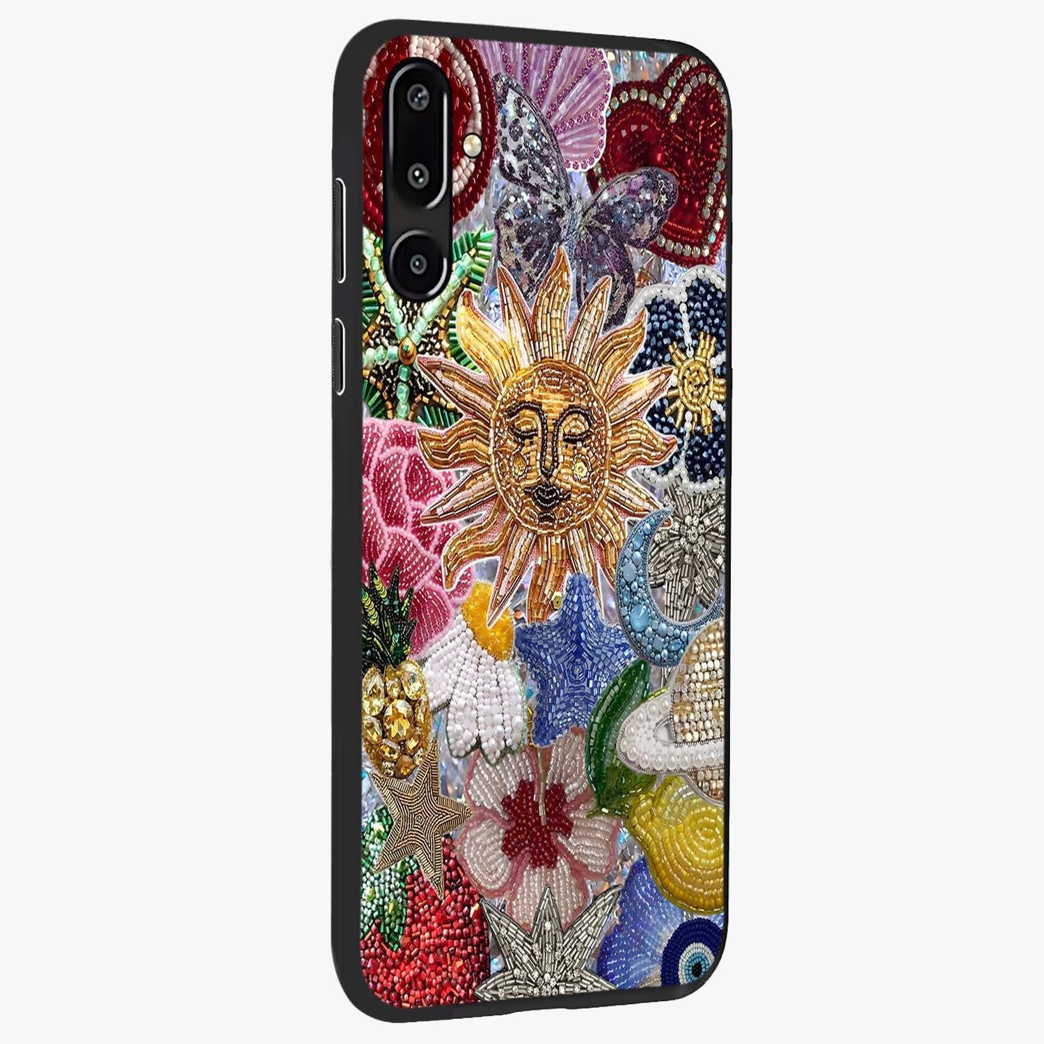 Celestial Floral and Playful Glass Case upright view showcasing whimsical floral artwork with cosmic aesthetic theme.