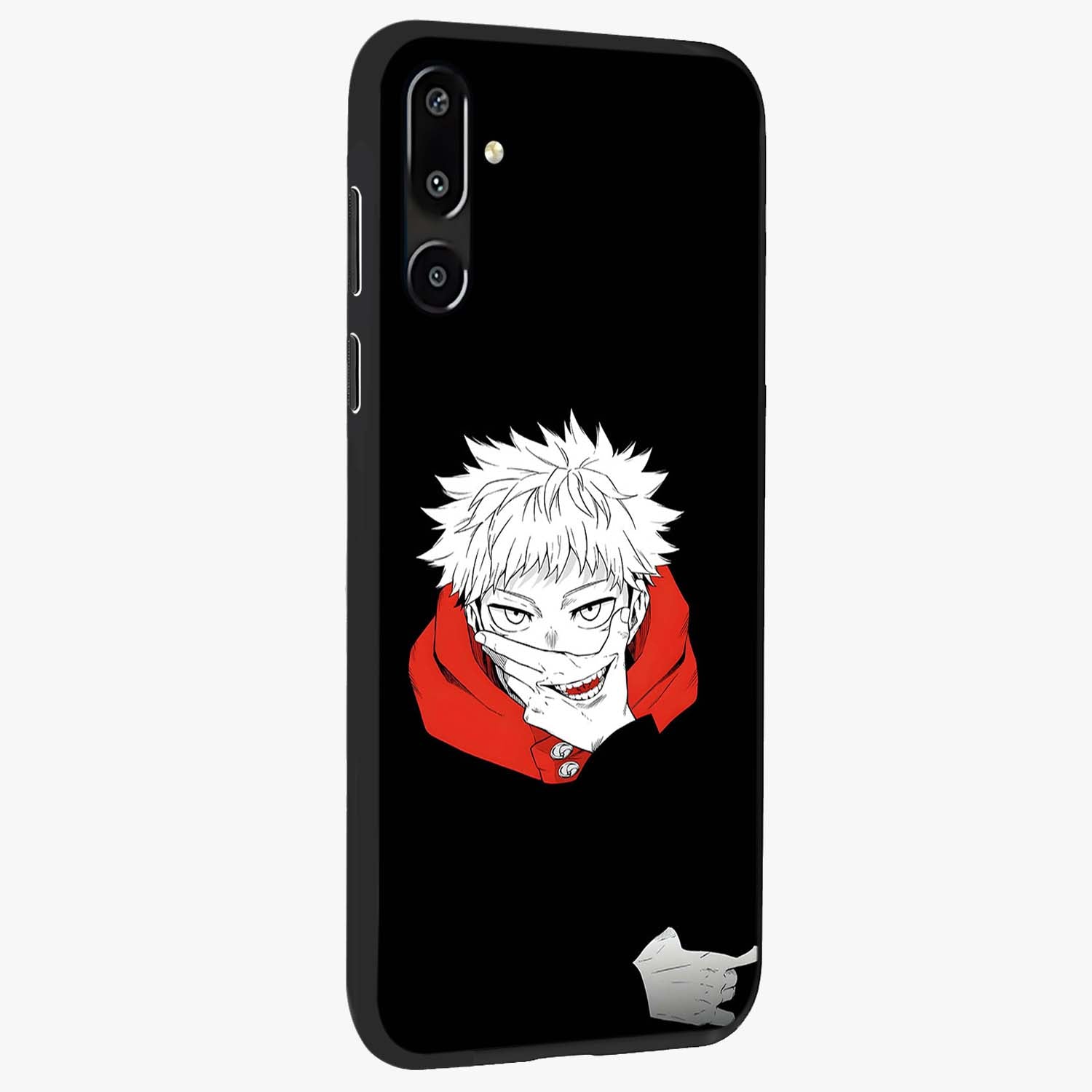 Crimson Chaos Smile Glass Case upright view showcasing expressive chaotic artwork with striking visual theme.