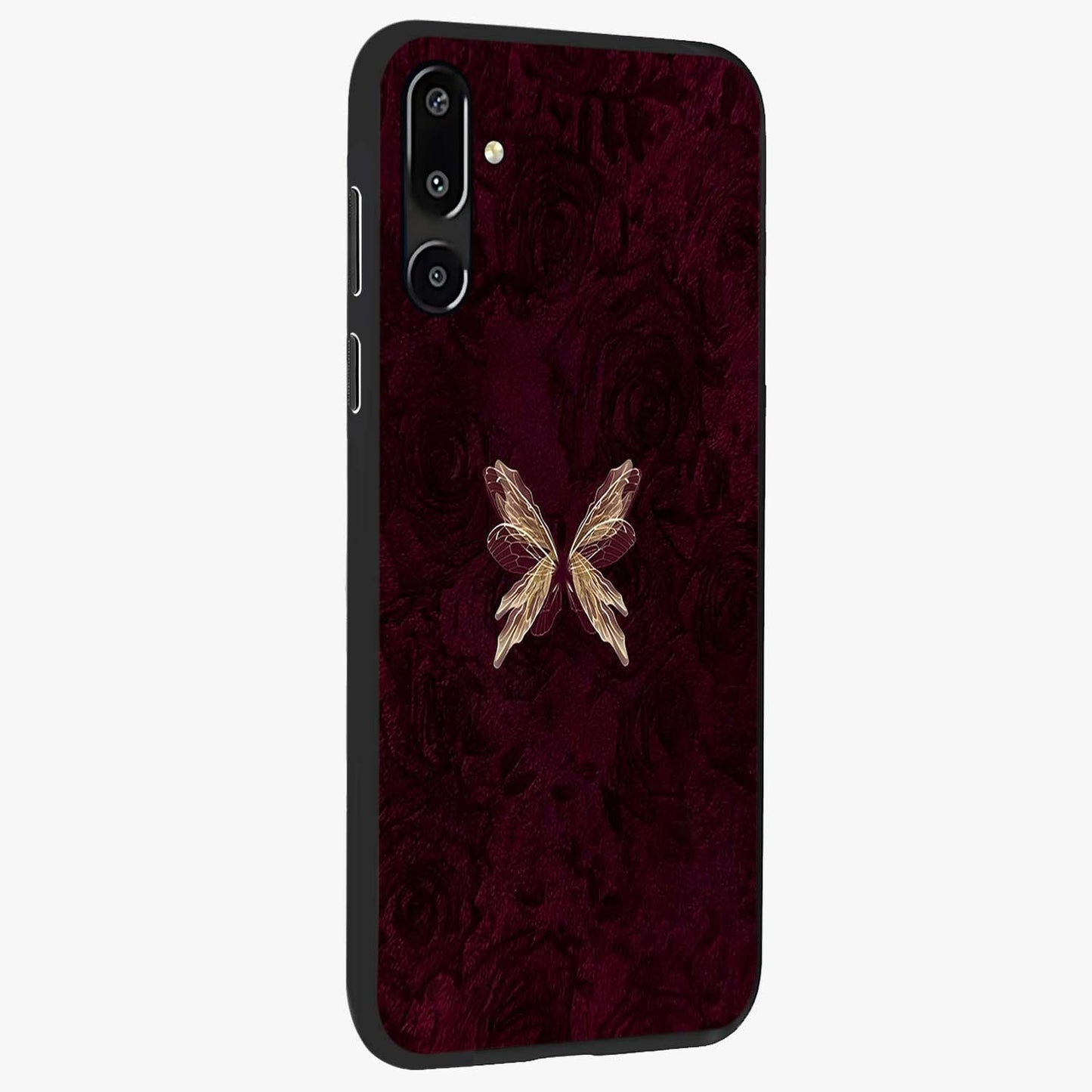 Crimson Fade Butterfly Glass Case upright view showcasing graceful butterfly artwork with soft crimson fade effect.