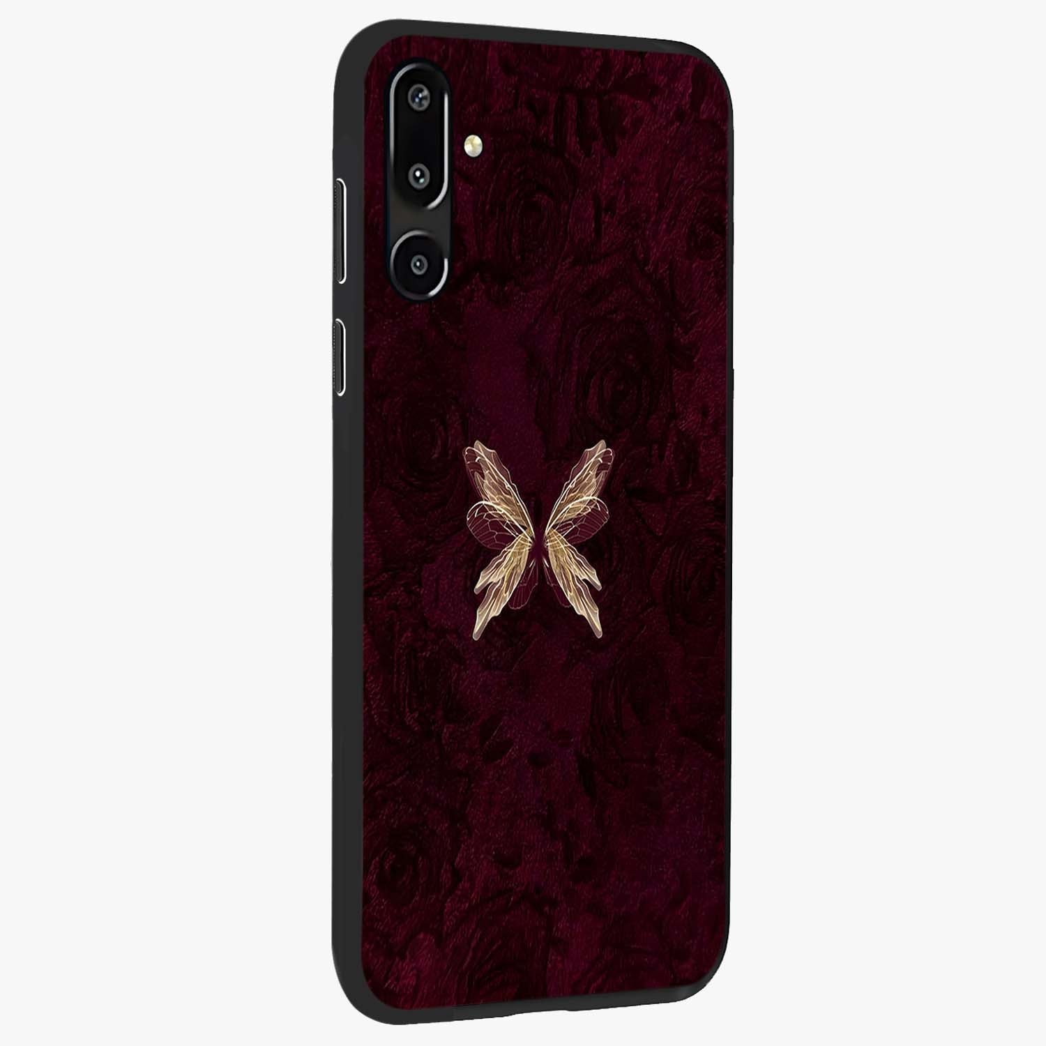 Crimson Fade Butterfly Glass Case upright view showcasing graceful butterfly artwork with soft crimson fade effect.
