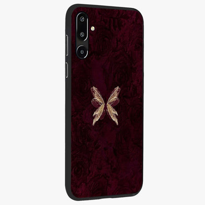 Crimson Fade Butterfly Glass Case upright view showcasing graceful butterfly artwork with soft crimson fade effect.