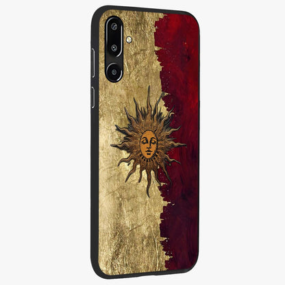 Crimson Sun Majesty Glass Case upright view showcasing vibrant sun artwork with powerful celestial theme.