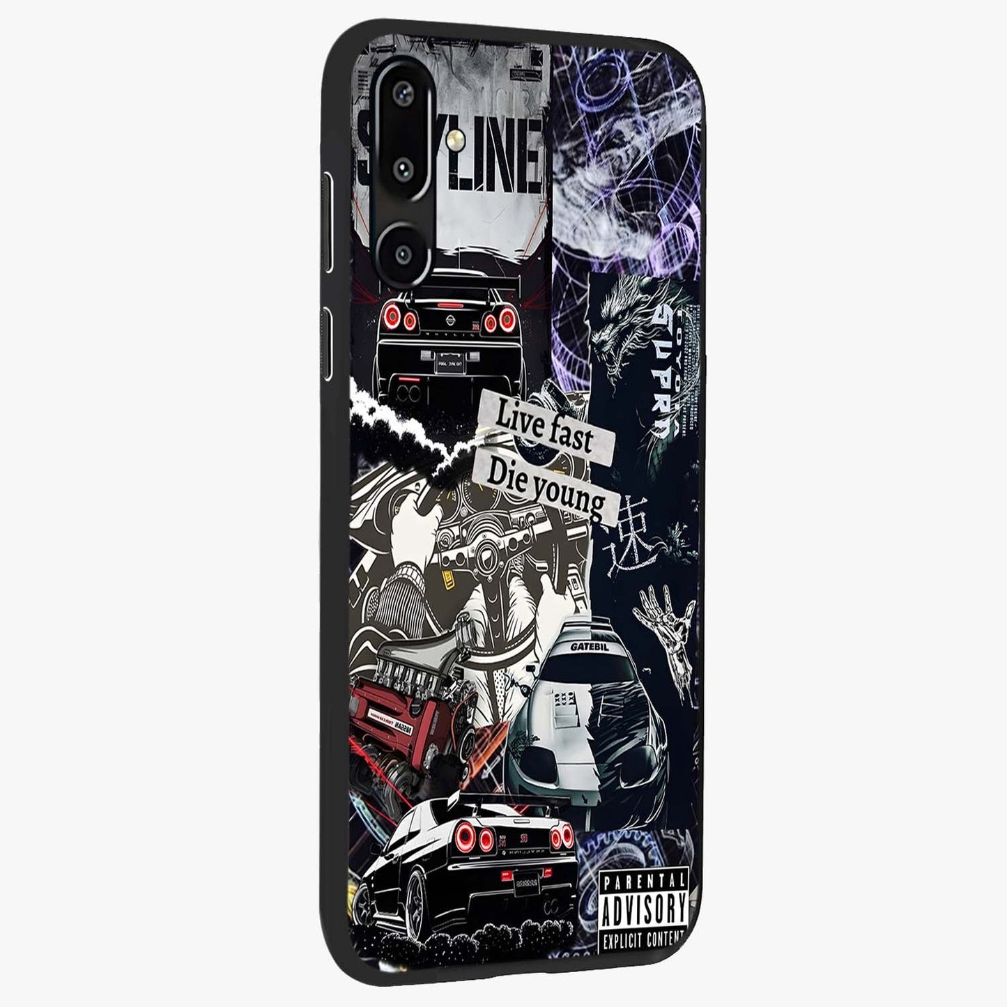 Die Young Glass Case upright view showcasing striking typography artwork with modern statement theme.