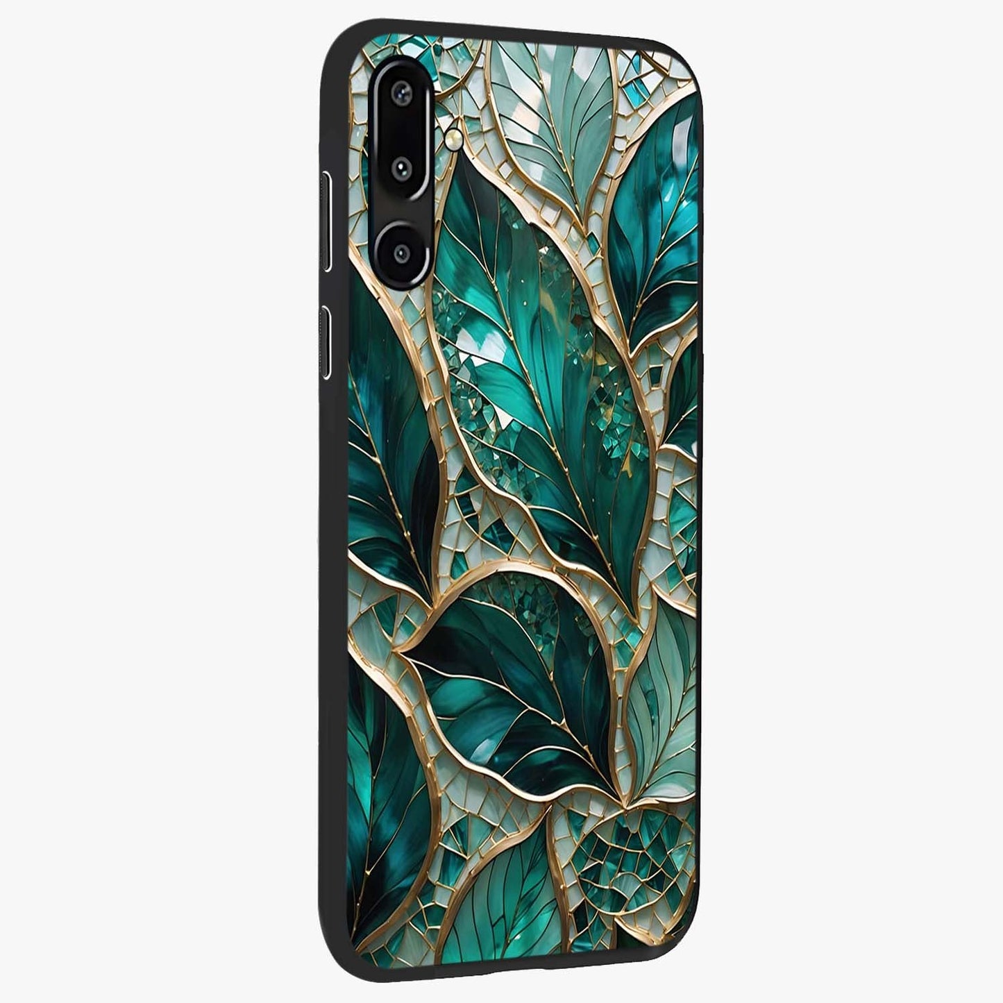 Emerald Leaf Glass Glass Case upright view showcasing fresh green leaf artwork with calming nature inspired style.