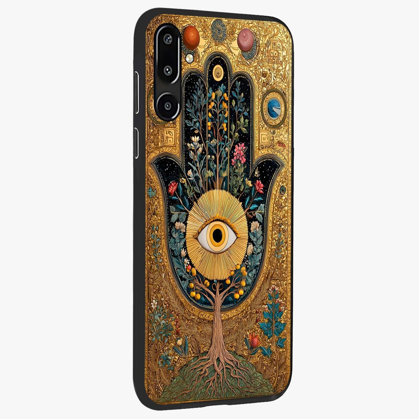 Ethereal Evil Eye Glass Case upright view showcasing celestial evil eye artwork with mystical theme.