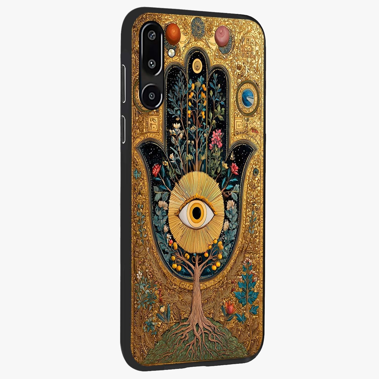Ethereal Evil Eye Glass Case upright view showcasing celestial evil eye artwork with mystical theme.