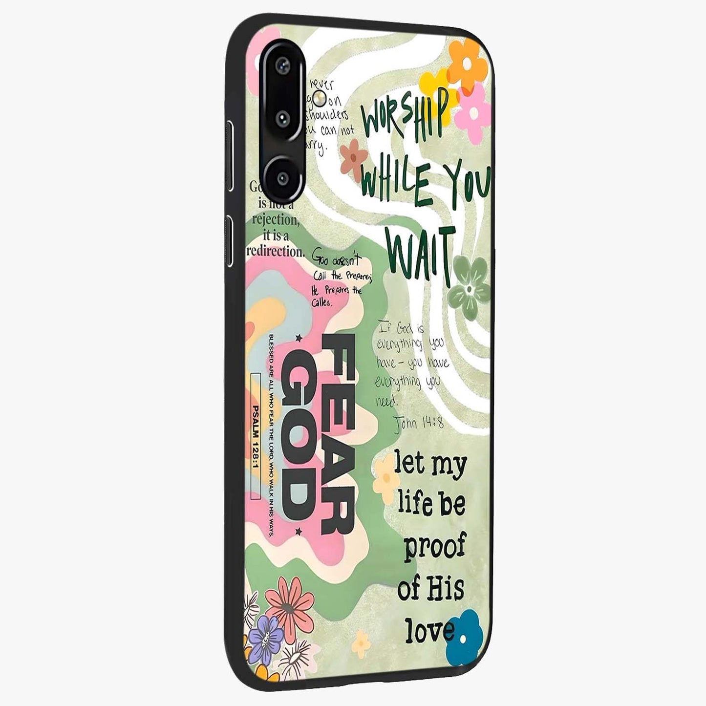 Faith Over Fear Glass Case upright view showcasing bold typography artwork with uplifting motivational theme.