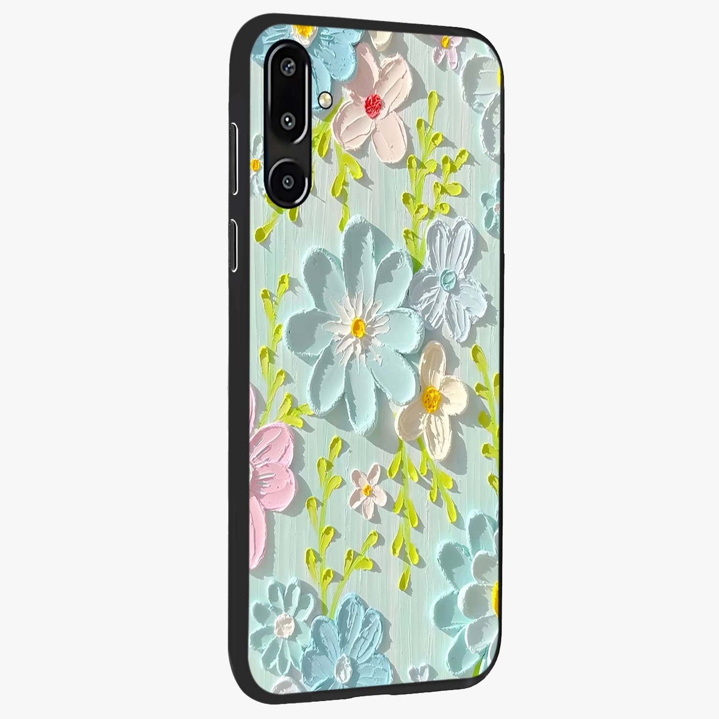 Frosted Petal Garden Glass Case upright view showcasing elegant floral garden artwork with soothing pastel theme.