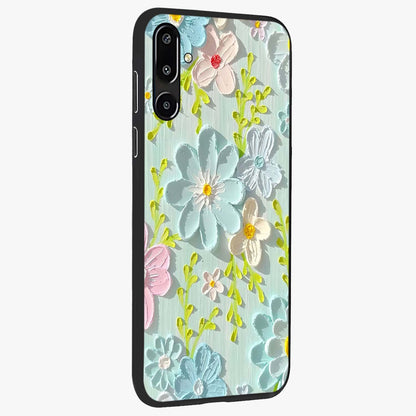 Frosted Petal Garden Glass Case upright view showcasing elegant floral garden artwork with soothing pastel theme.