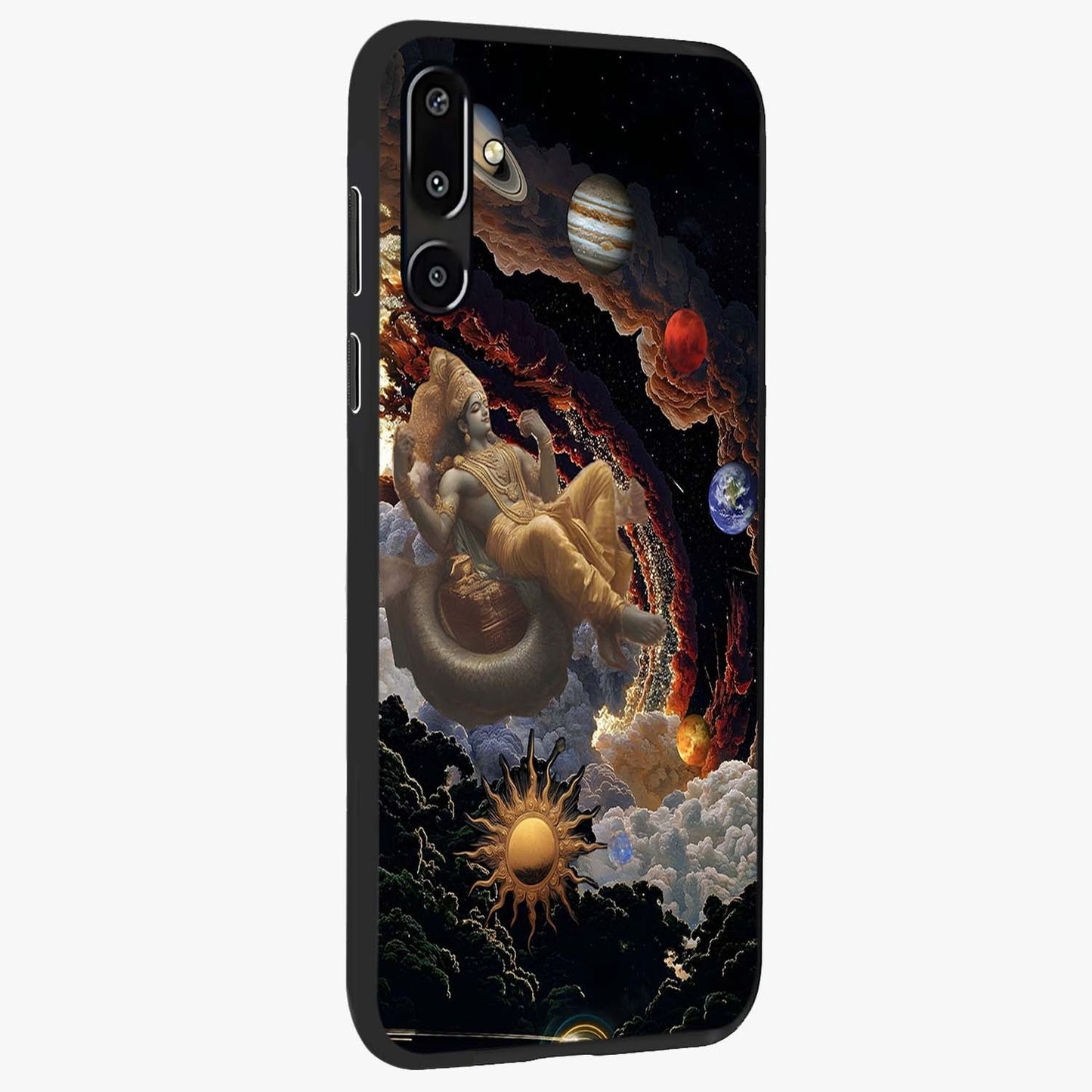 Galactic Divine God Glass Case upright view showcasing mystical divine artwork with dramatic cosmic theme.