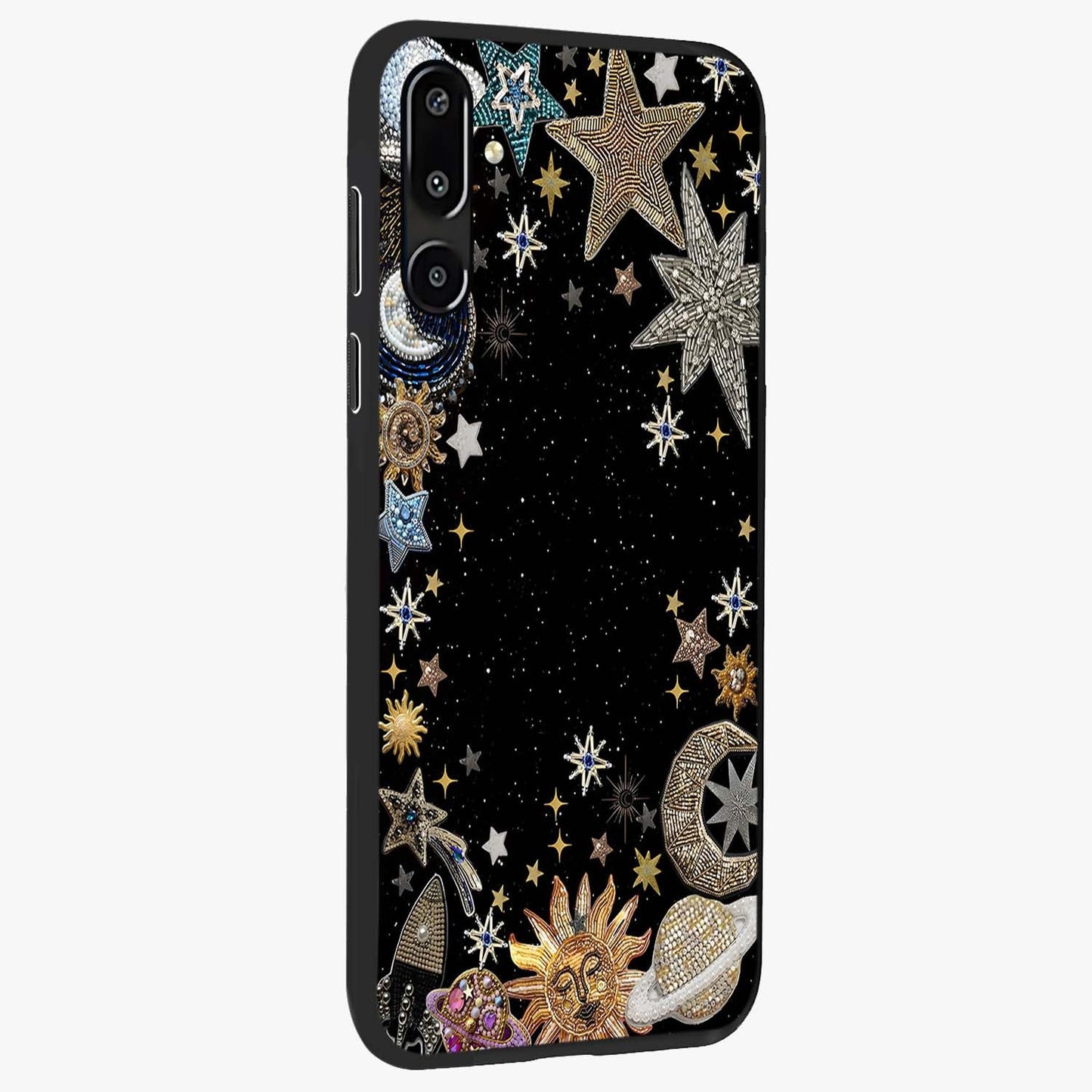 Galactic Jewel Stars Glass Case upright view showcasing glittering star jewel artwork with vibrant galaxy theme.