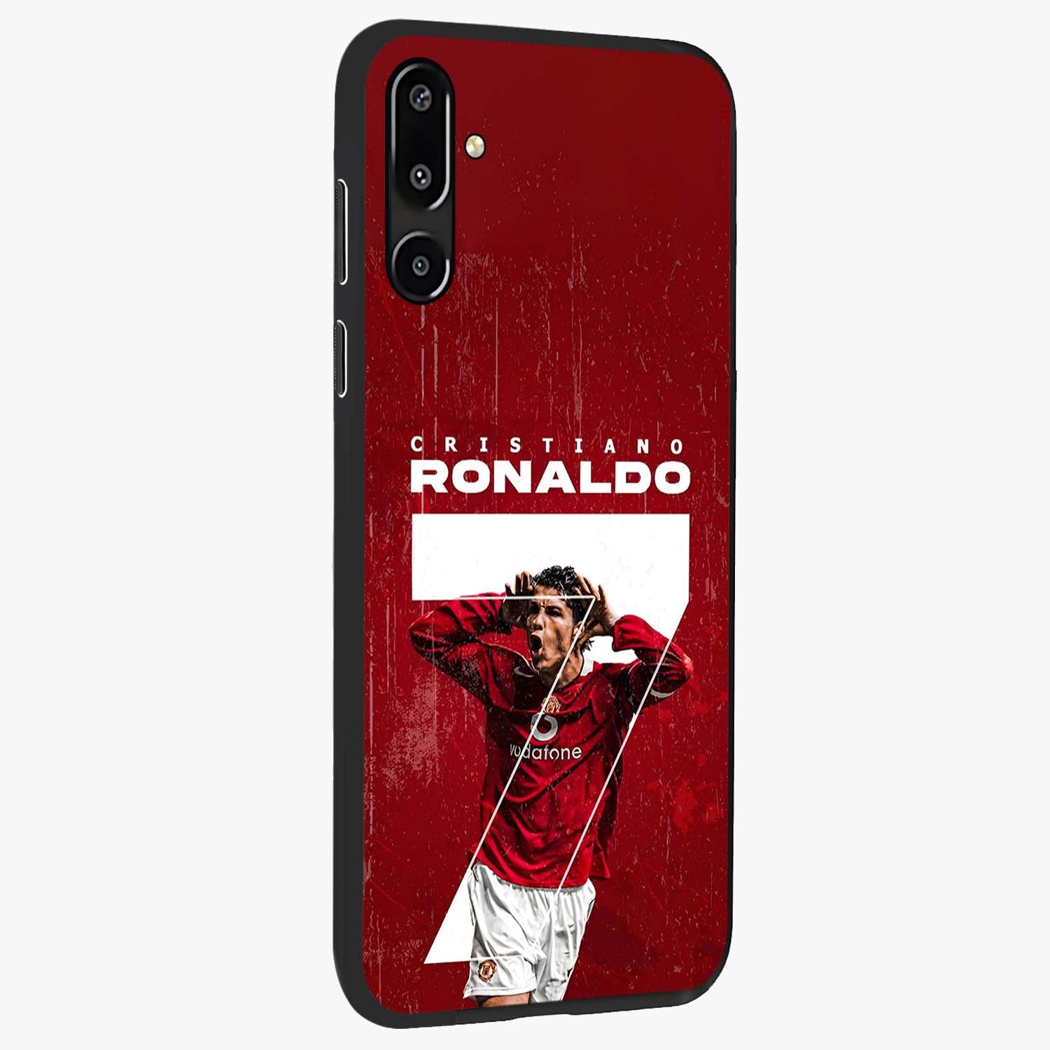 Goal Celebration Legacy Glass Case upright view showcasing dynamic football inspired artwork with victory celebration aesthetic.