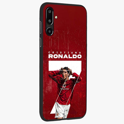 Goal Celebration Legacy Glass Case upright view showcasing dynamic football inspired artwork with victory celebration aesthetic.