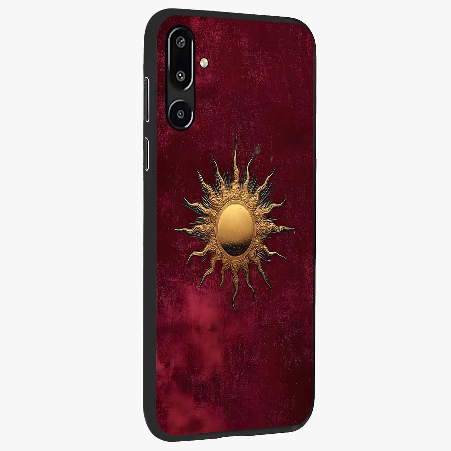 Golden Sun Minimalism Glass Case upright view showcasing simple golden sun artwork with elegant minimalist style.