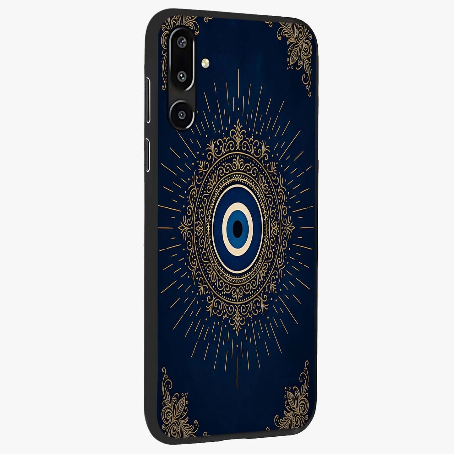 Golden Celestial Charm Glass Case upright view showcasing radiant celestial artwork with elegant golden theme.