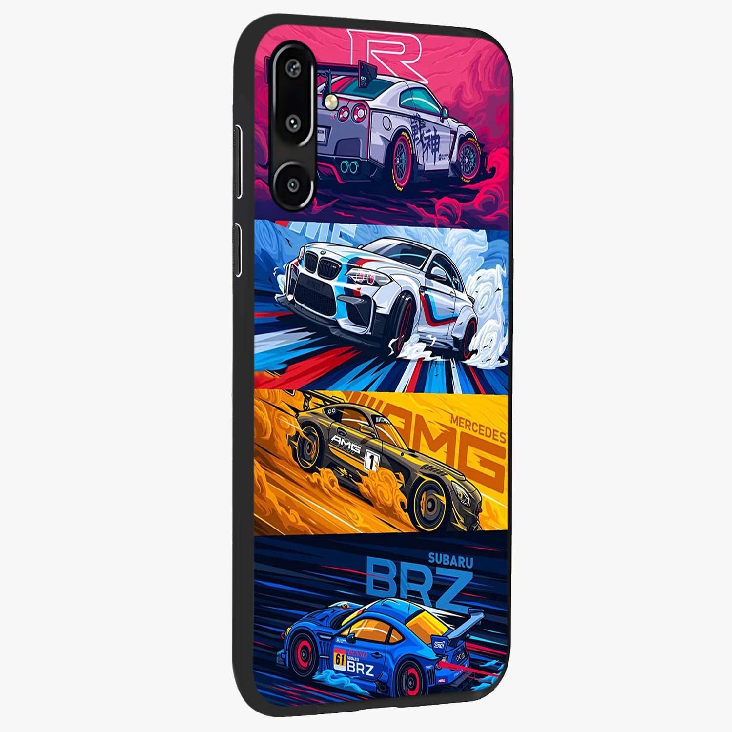 JDM Sports Car Glass Case upright view showcasing dynamic sports car artwork with bold racing theme.