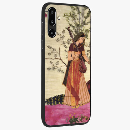 Lady With Veena Art Glass Case upright view showcasing classical veena artwork with traditional artistic theme.