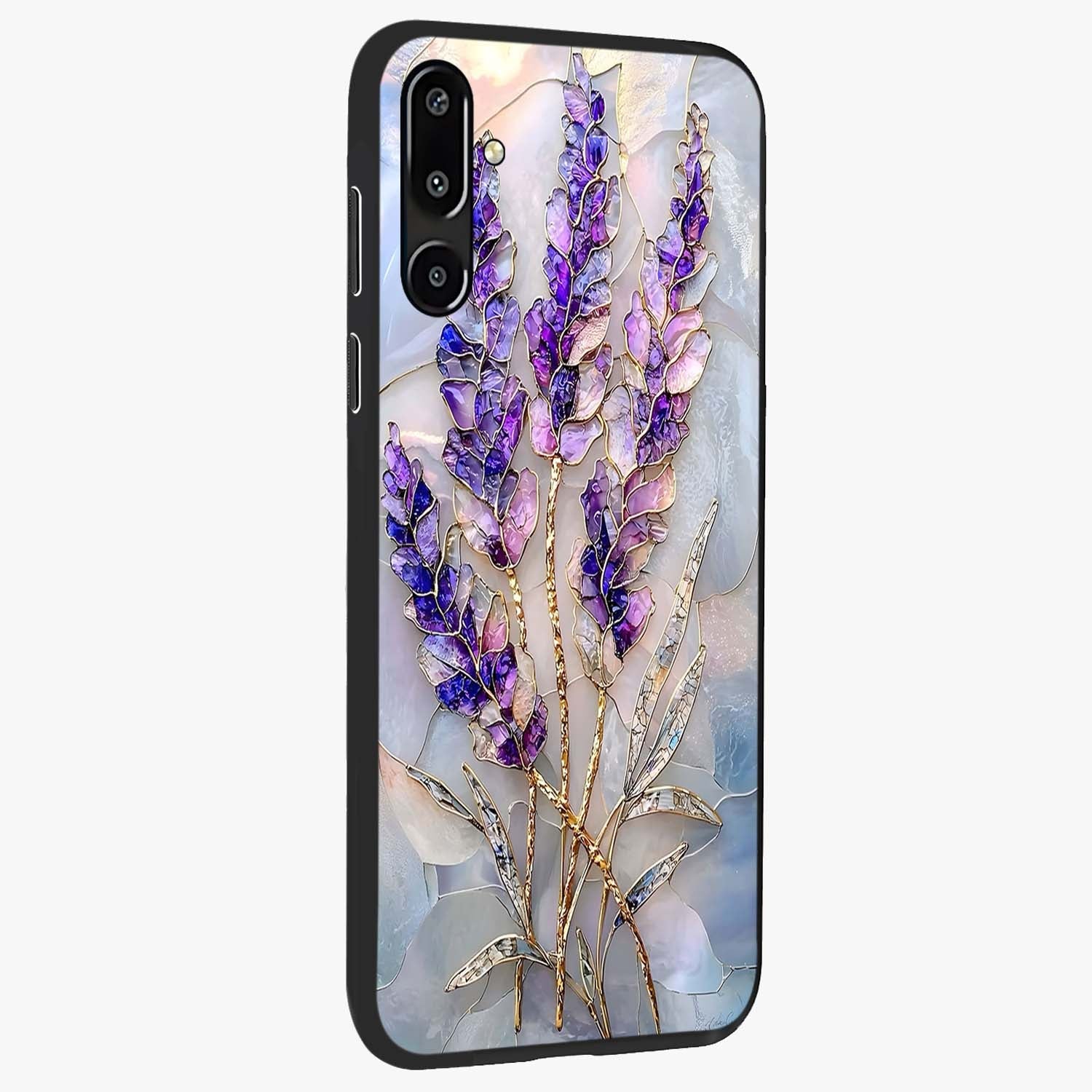 Lavender Dream Glow Glass Case upright view showcasing radiant lavender glow artwork with calming dreamy theme.