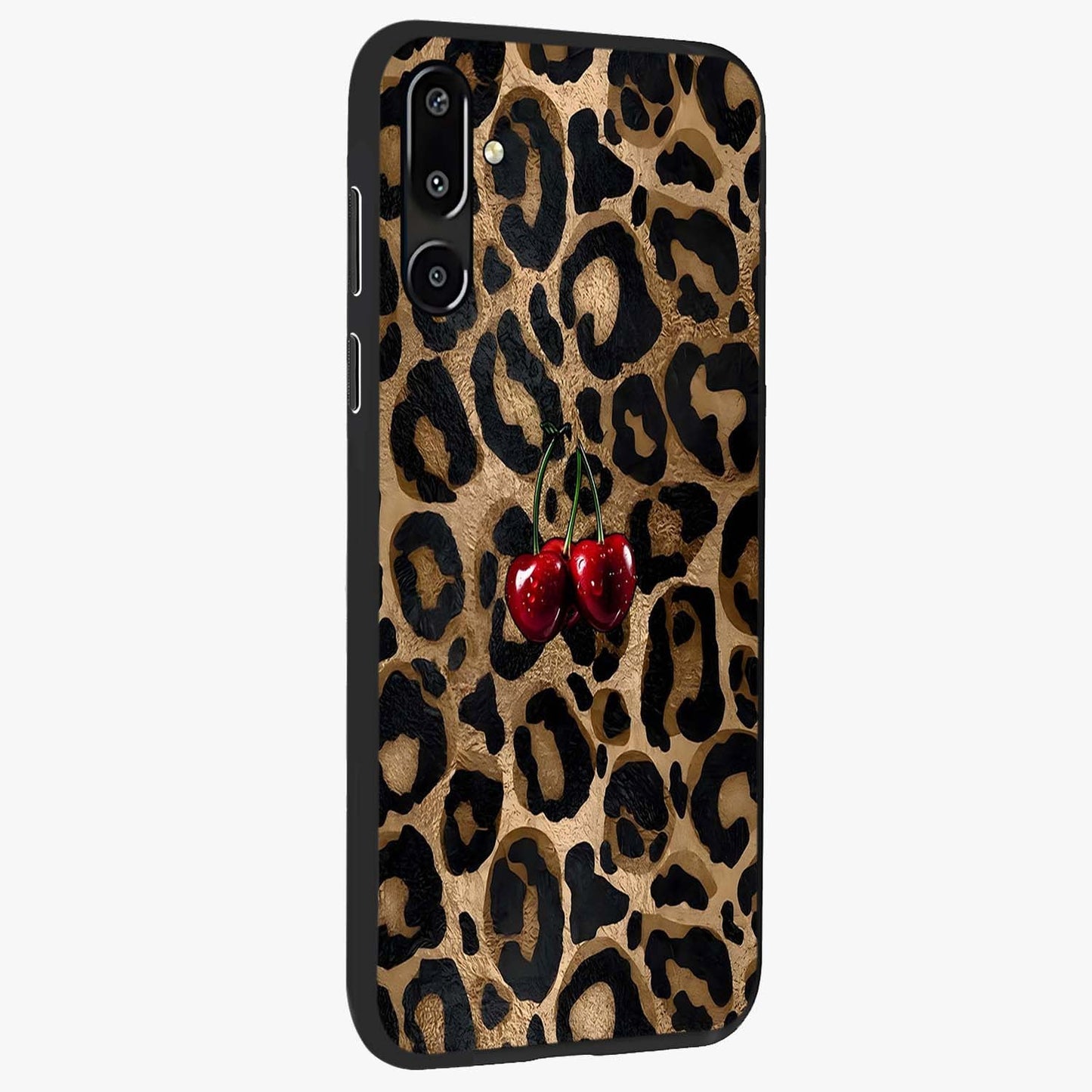 Leopard Wild Cherry Glass Case upright view showcasing stylish leopard pattern artwork with trendy fashion theme.