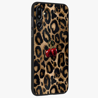 Leopard Wild Cherry Glass Case upright view showcasing stylish leopard pattern artwork with trendy fashion theme.
