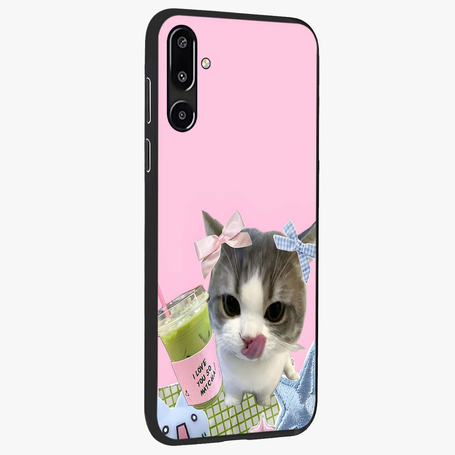Love Matcha Cat Glass Case upright view showcasing adorable cat artwork with charming matcha themed design.