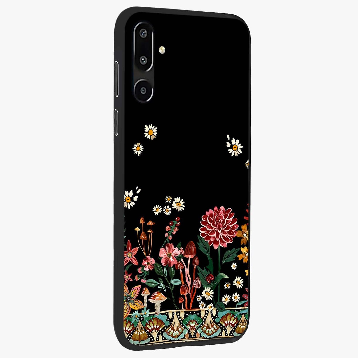 Midnight Bloom Pattern Glass Case upright view showcasing decorative floral artwork with deep night themed palette.