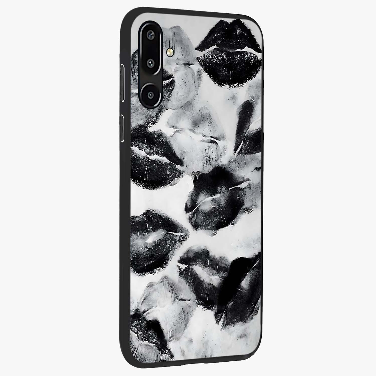 Midnight Kiss Marks Glass Case upright view showcasing stylish kiss mark artwork with trendy romantic theme.