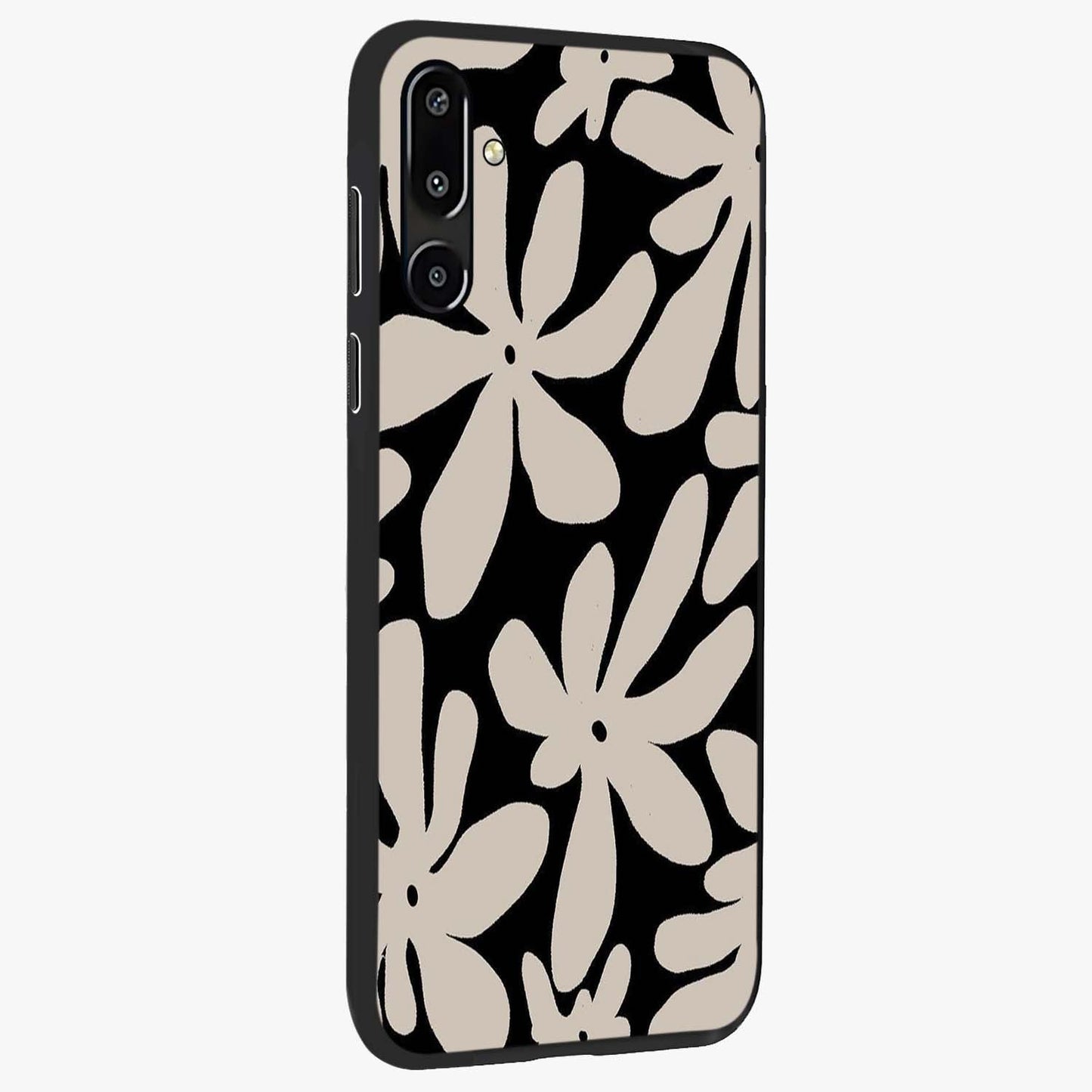 Monochrome Petal Dance Glass Case upright view showcasing artistic floral pattern with stylish monochrome theme.