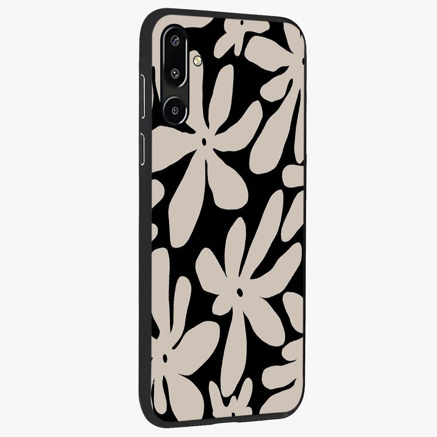 Monochrome Petal Dance Glass Case upright view showcasing artistic floral pattern with stylish monochrome theme.