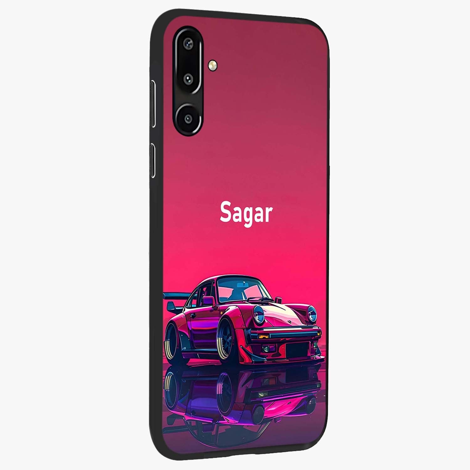 Neon Pink Porsche Glass Case upright view showcasing vibrant sports car artwork with bold automotive theme.