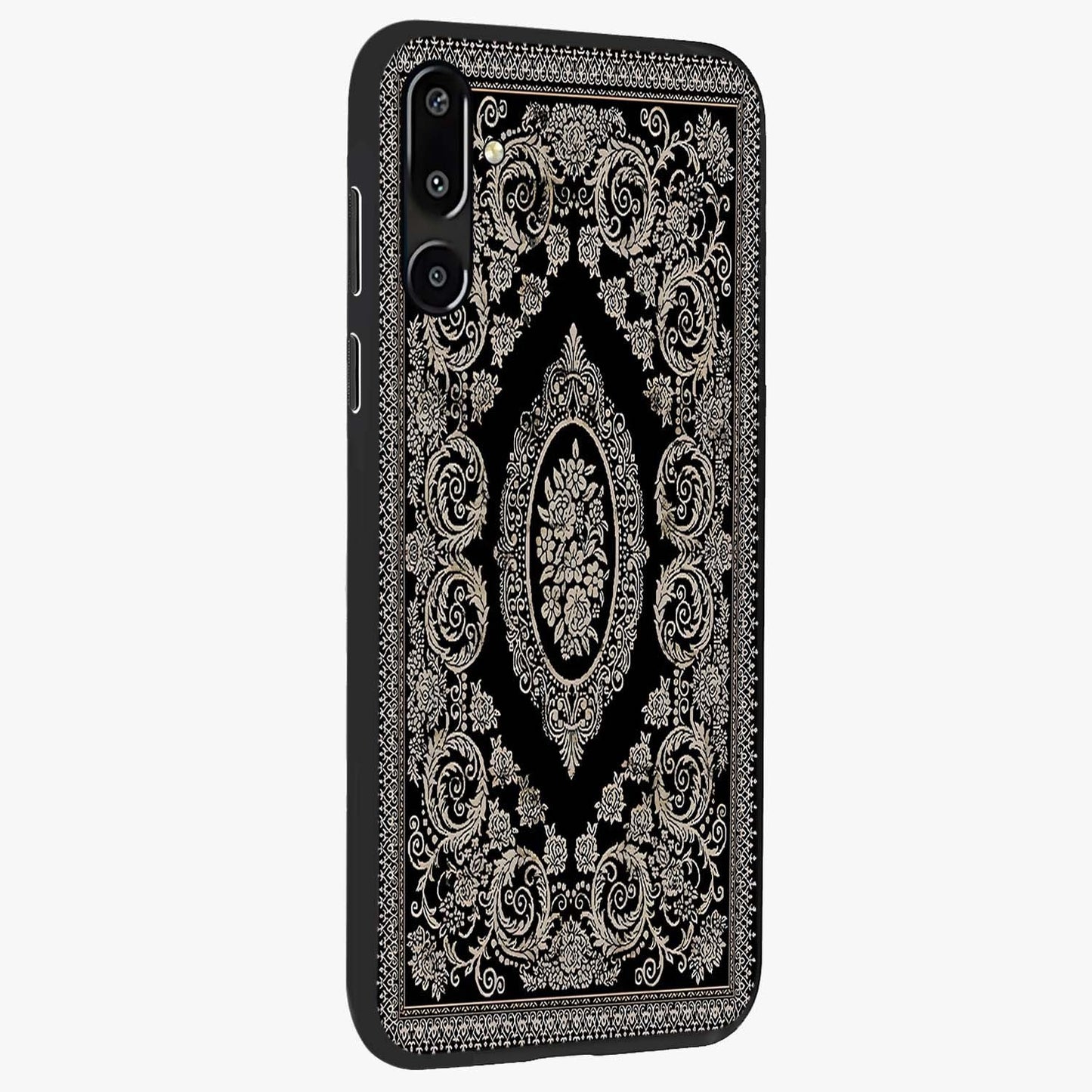 Noir Bloom Elegance Glass Case upright view showcasing graceful floral artwork with luxurious dark theme.