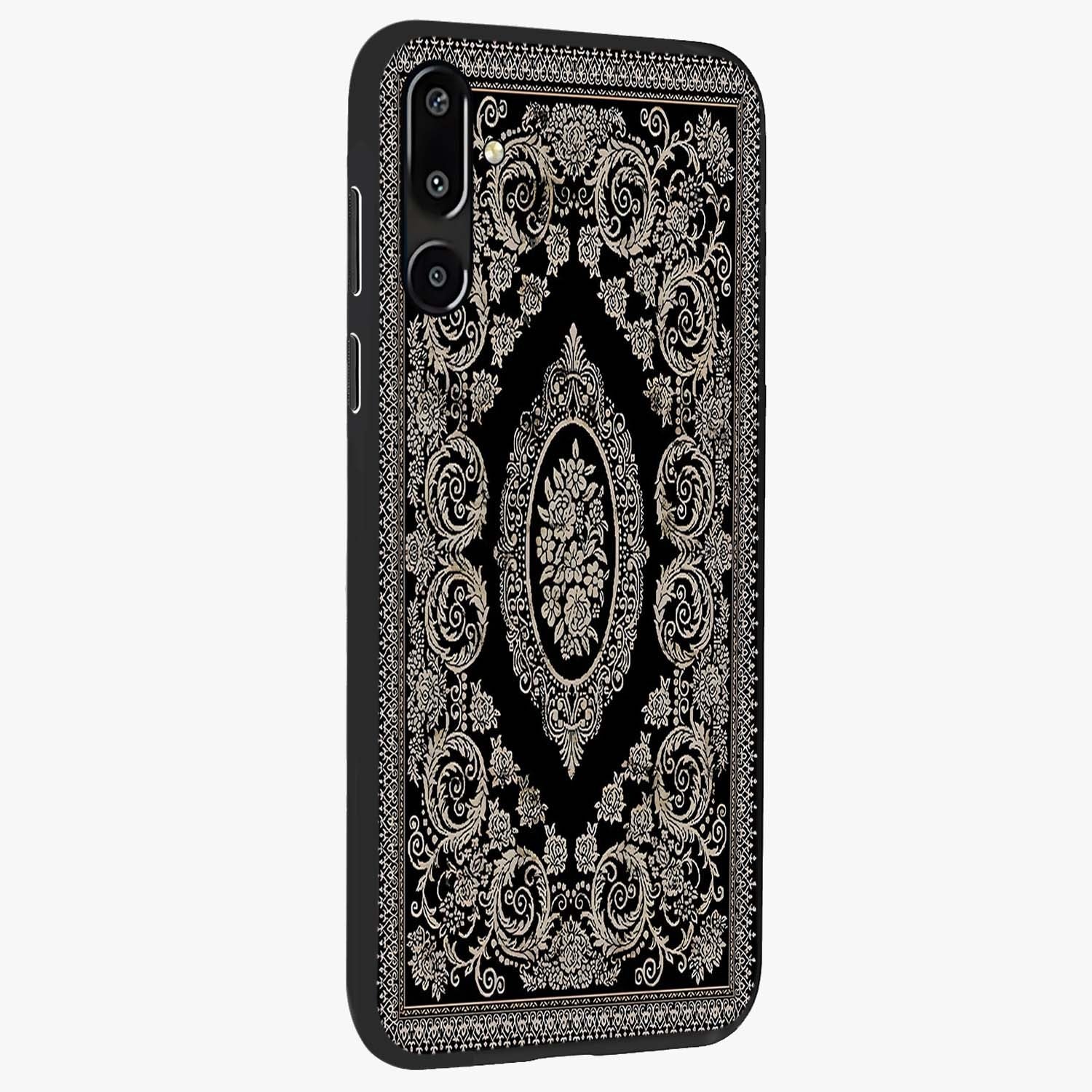Noir Bloom Elegance Glass Case upright view showcasing graceful floral artwork with luxurious dark theme.