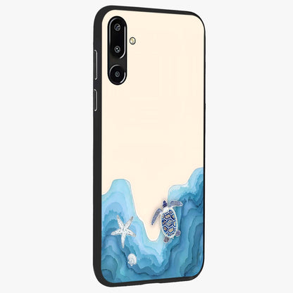 Ocean Drift Turtle Glass Case upright view showcasing calm underwater turtle artwork with nature inspired theme.