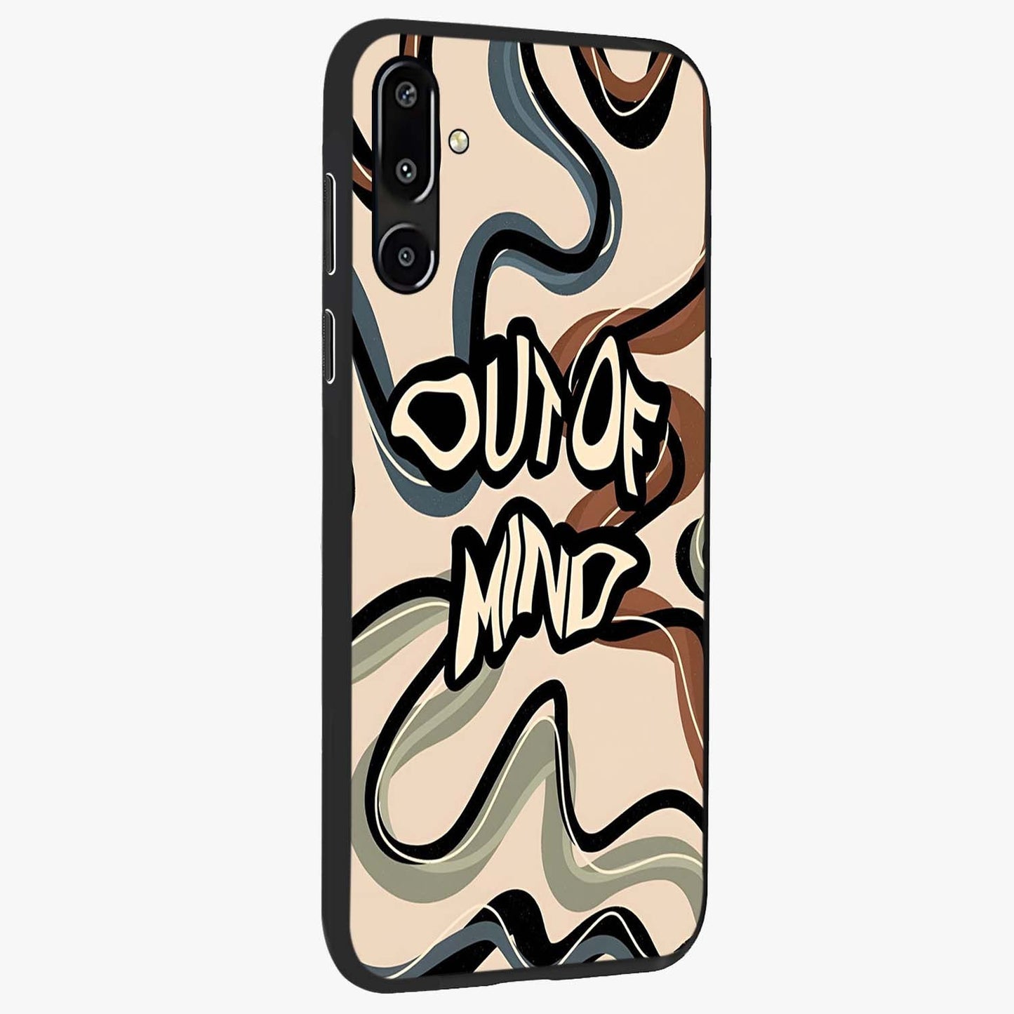 Out Of Mind Glass Case upright view showcasing striking typography artwork with edgy conceptual theme.