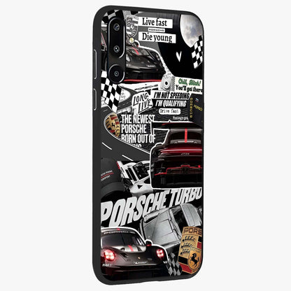 Porsche Racing Collage Glass Case upright view showcasing energetic car collage artwork with high speed racing theme.
