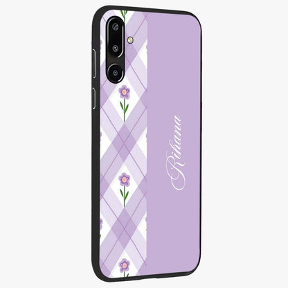 Purple Diamond Floral Glass Case upright view showcasing vibrant floral artwork with stylish geometric theme.